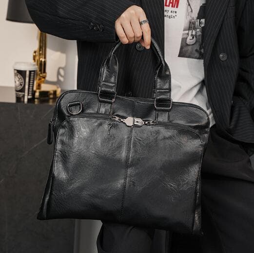 ショルダーバッグメンズ 男性用合成皮革ビジネストートバッグ黒色